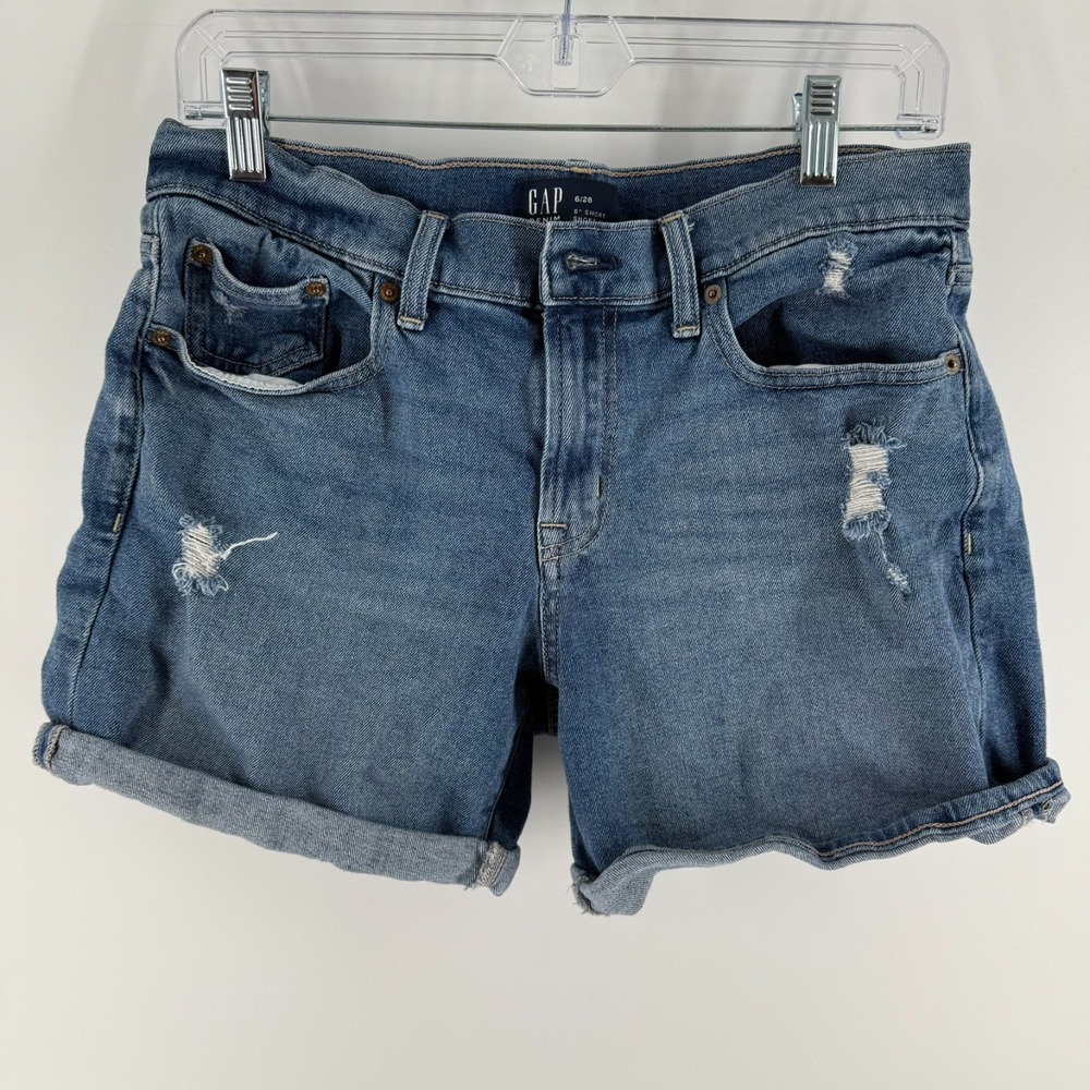 Gap 5" Girlfriend Shorts Womens 6/28 Blue Denim Stretch Cuffed Hem Distressed